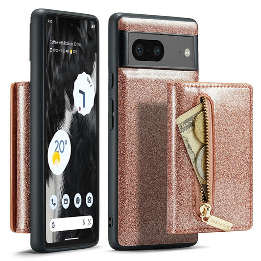 DG.MING M3 Series For Google Pixel 7 5G Magnetic Detachable Glitter Bling Powder PU Leather Phone Cover Wallet Kickstand Shockproof Phone Case - Rose Gold