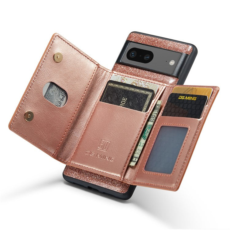DG.MING M3 Series For Google Pixel 7 5G Magnetic Detachable Glitter Bling Powder PU Leather Phone Cover Wallet Kickstand Shockproof Phone Case - Rose Gold