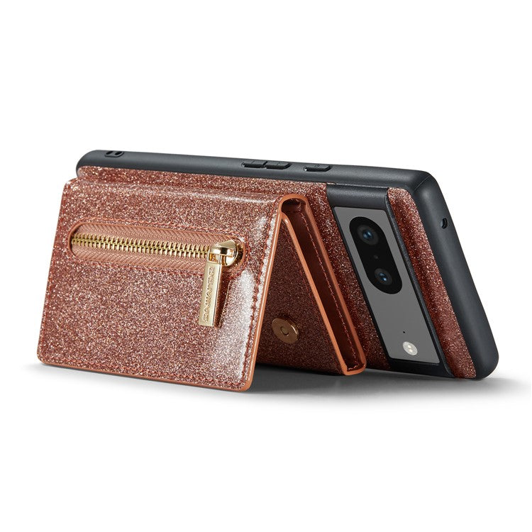 DG.MING M3 Series For Google Pixel 7 5G Magnetic Detachable Glitter Bling Powder PU Leather Phone Cover Wallet Kickstand Shockproof Phone Case - Rose Gold