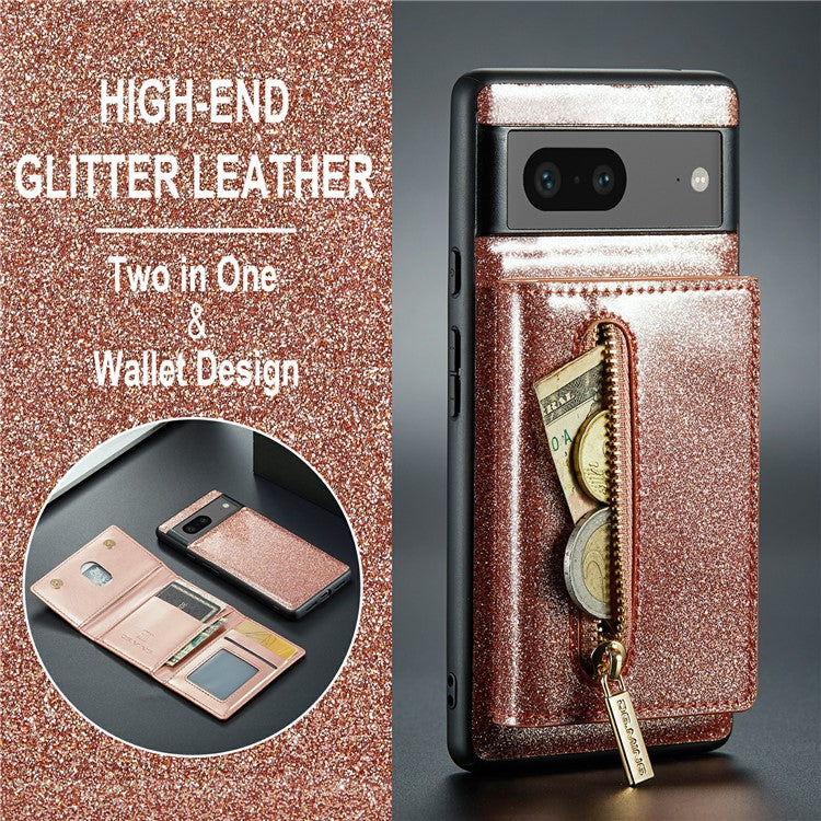 DG.MING M3 Series For Google Pixel 7 5G Magnetic Detachable Glitter Bling Powder PU Leather Phone Cover Wallet Kickstand Shockproof Phone Case - Rose Gold