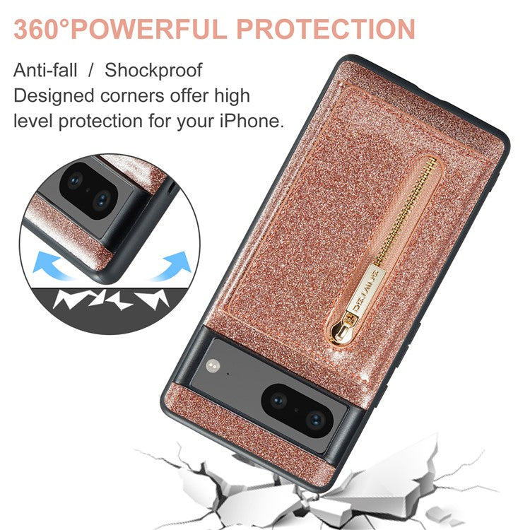 DG.MING M3 Series For Google Pixel 7 5G Magnetic Detachable Glitter Bling Powder PU Leather Phone Cover Wallet Kickstand Shockproof Phone Case - Rose Gold