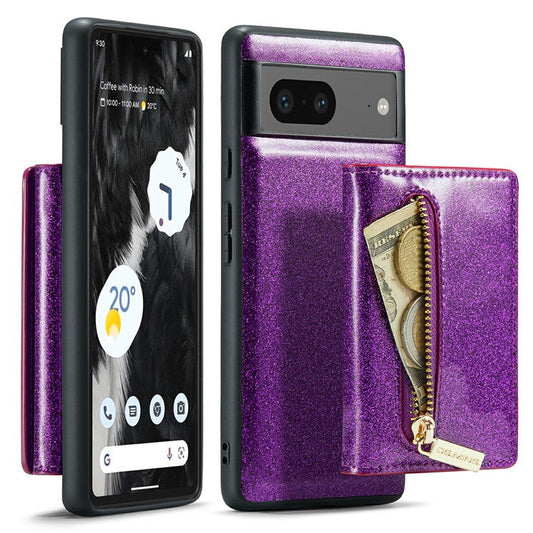 DG.MING M3 Series For Google Pixel 7 5G Magnetic Detachable Glitter Bling Powder PU Leather Phone Cover Wallet Kickstand Shockproof Phone Case - Dark Purple