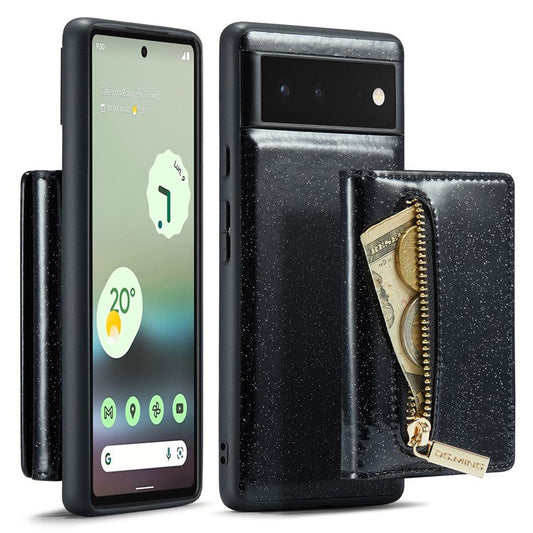 DG.MING M3 Series For Google Pixel 6a Glitter Bling Powder PU Leather Anti-scratch Magnetic Phone Cover PC+TPU Kickstand Zipper Pocket Wallet Smartphone Case - Black