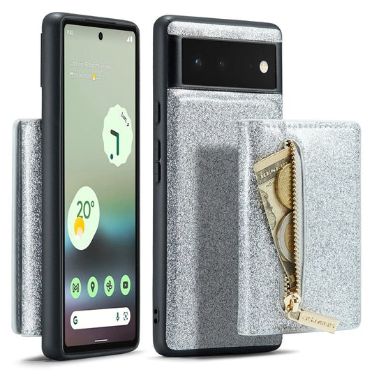 DG.MING M3 Series For Google Pixel 6a Glitter Bling Powder PU Leather Anti-scratch Magnetic Phone Cover PC+TPU Kickstand Zipper Pocket Wallet Smartphone Case - Silver