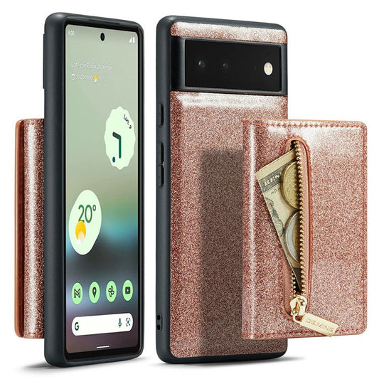 DG.MING M3 Series For Google Pixel 6a Glitter Bling Powder PU Leather Anti-scratch Magnetic Phone Cover PC+TPU Kickstand Zipper Pocket Wallet Smartphone Case - Rose Gold