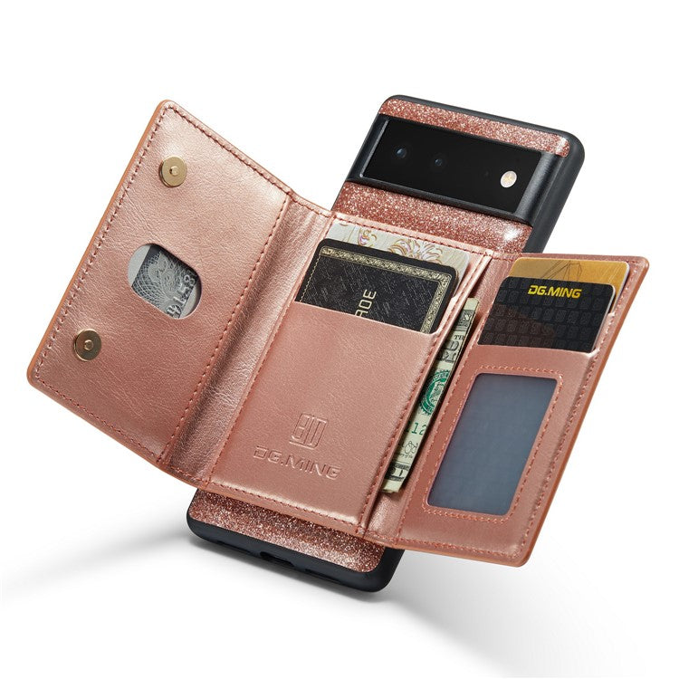 DG.MING M3 Series For Google Pixel 6a Glitter Bling Powder PU Leather Anti-scratch Magnetic Phone Cover PC+TPU Kickstand Zipper Pocket Wallet Smartphone Case - Rose Gold