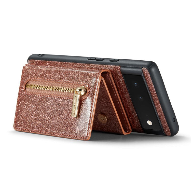 DG.MING M3 Series For Google Pixel 6a Glitter Bling Powder PU Leather Anti-scratch Magnetic Phone Cover PC+TPU Kickstand Zipper Pocket Wallet Smartphone Case - Rose Gold