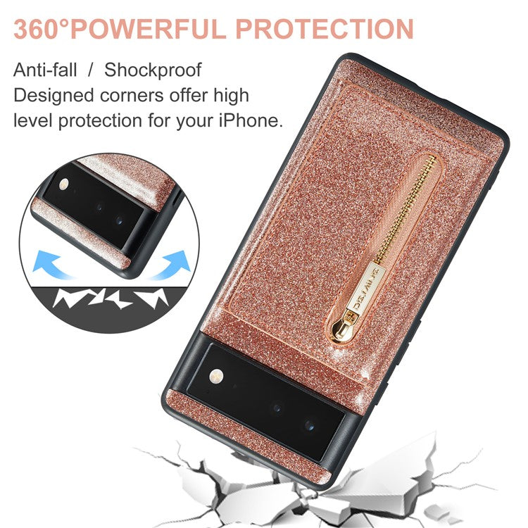 DG.MING M3 Series For Google Pixel 6a Glitter Bling Powder PU Leather Anti-scratch Magnetic Phone Cover PC+TPU Kickstand Zipper Pocket Wallet Smartphone Case - Rose Gold