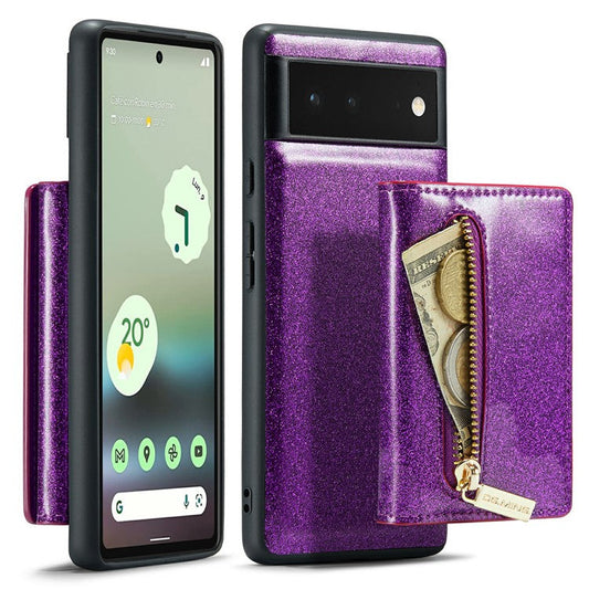 DG.MING M3 Series For Google Pixel 6a Glitter Bling Powder PU Leather Anti-scratch Magnetic Phone Cover PC+TPU Kickstand Zipper Pocket Wallet Smartphone Case - Dark Purple