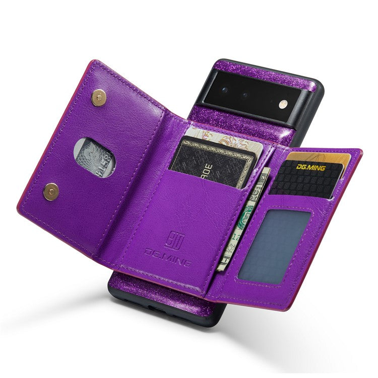 DG.MING M3 Series For Google Pixel 6a Glitter Bling Powder PU Leather Anti-scratch Magnetic Phone Cover PC+TPU Kickstand Zipper Pocket Wallet Smartphone Case - Dark Purple