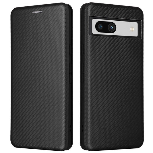 For Google Pixel 7a Carbon Fiber Texture Phone Case Card Slot PU Leather Magnetic Auto-absorbed Stand Cover - Black