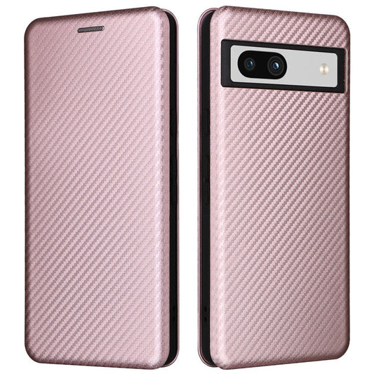 For Google Pixel 7a Carbon Fiber Texture Phone Case Card Slot PU Leather Magnetic Auto-absorbed Stand Cover - Rose Gold