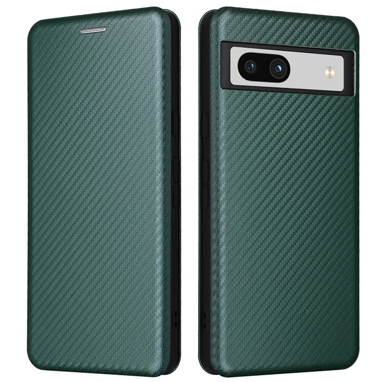 For Google Pixel 7a Carbon Fiber Texture Phone Case Card Slot PU Leather Magnetic Auto-absorbed Stand Cover - Green