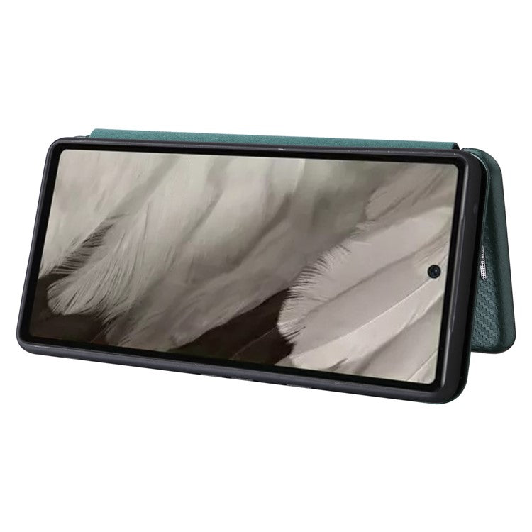 For Google Pixel 7a Carbon Fiber Texture Phone Case Card Slot PU Leather Magnetic Auto-absorbed Stand Cover - Green