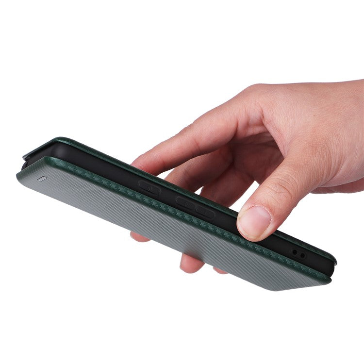 For Google Pixel 7a Carbon Fiber Texture Phone Case Card Slot PU Leather Magnetic Auto-absorbed Stand Cover - Green