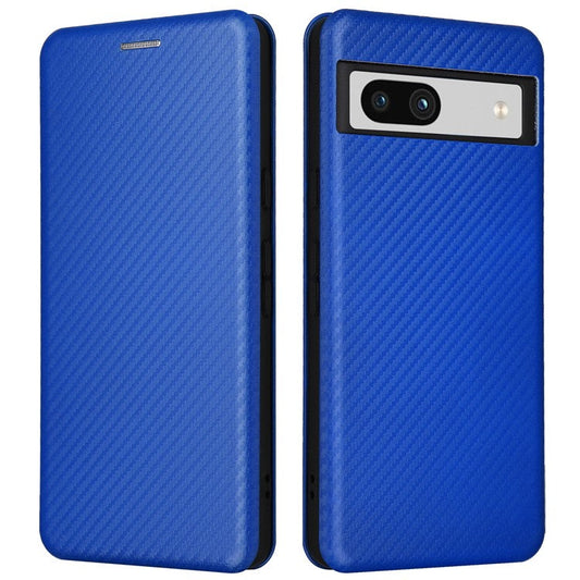 For Google Pixel 7a Carbon Fiber Texture Phone Case Card Slot PU Leather Magnetic Auto-absorbed Stand Cover - Blue