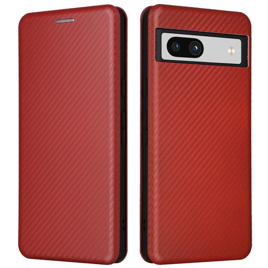 For Google Pixel 7a Carbon Fiber Texture Phone Case Card Slot PU Leather Magnetic Auto-absorbed Stand Cover - Brown