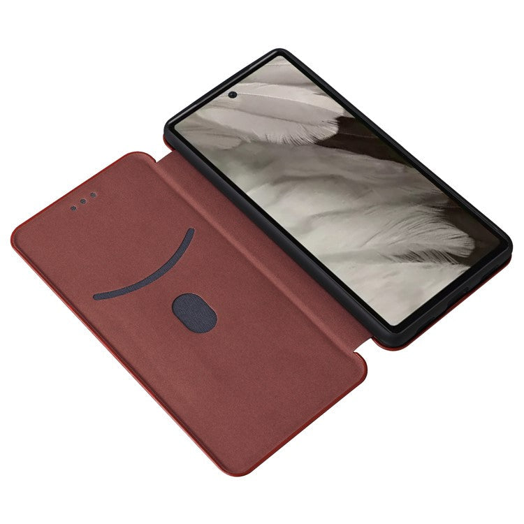 For Google Pixel 7a Carbon Fiber Texture Phone Case Card Slot PU Leather Magnetic Auto-absorbed Stand Cover - Brown