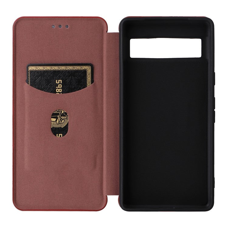 For Google Pixel 7a Carbon Fiber Texture Phone Case Card Slot PU Leather Magnetic Auto-absorbed Stand Cover - Brown