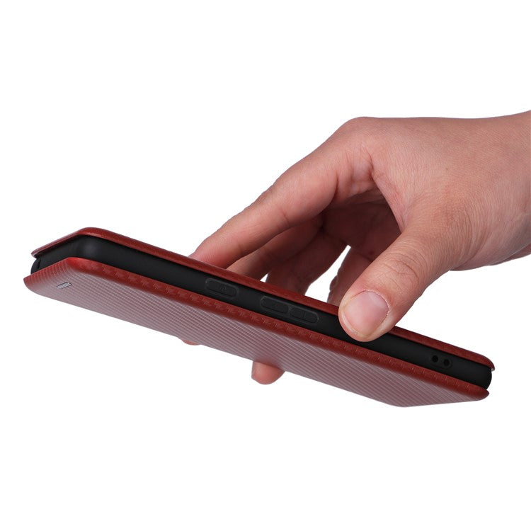 For Google Pixel 7a Carbon Fiber Texture Phone Case Card Slot PU Leather Magnetic Auto-absorbed Stand Cover - Brown