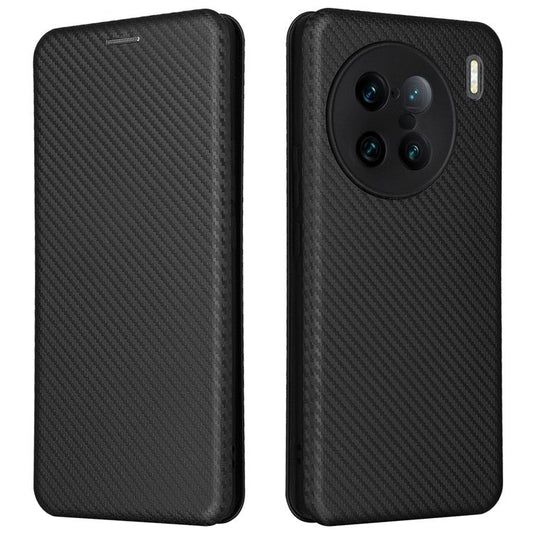 For vivo X90 Pro+ 5G Carbon Fiber Texture PU Leather Phone Stand Case Card Holder Magnetic Auto Closing Protective Cover - Black