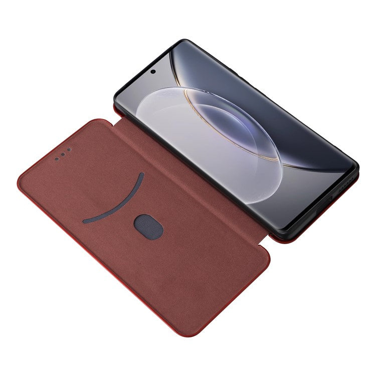 For vivo X90 Pro+ 5G Carbon Fiber Texture PU Leather Phone Stand Case Card Holder Magnetic Auto Closing Protective Cover - Brown
