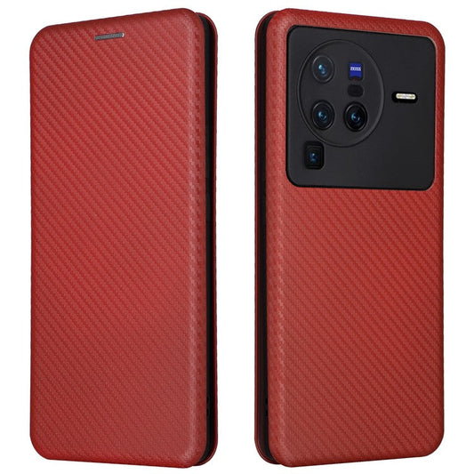 For vivo X80 Pro 5G Carbon Fiber Texture PU Leather Stand Case Magnetic Auto-absorbed Folio Flip Phone Cover with Card Holder - Brown