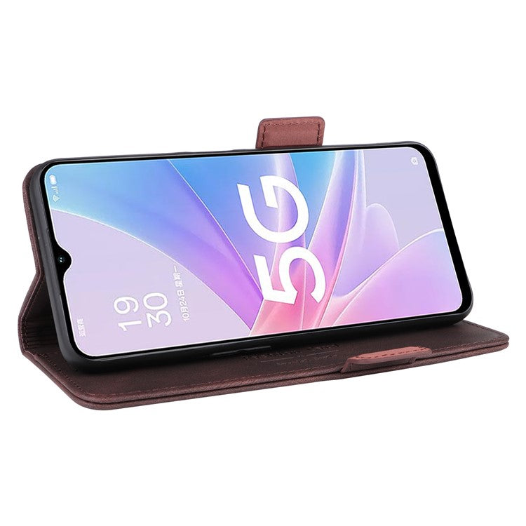 Shockproof Phone Cover for Oppo A58 5G, Hardware Decor Dual Magnetic Clasp Wallet Hands-free Stand PU Leather Phone Case - Coffee