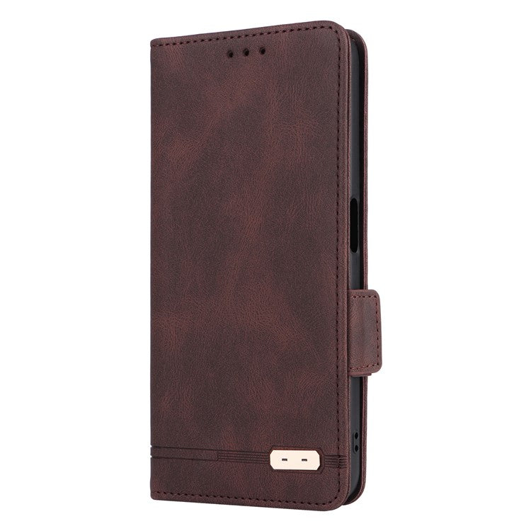 Shockproof Phone Cover for Oppo A58 5G, Hardware Decor Dual Magnetic Clasp Wallet Hands-free Stand PU Leather Phone Case - Coffee