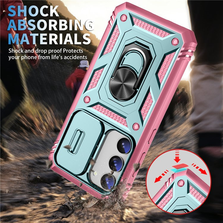 For Samsung Galaxy S23+ Anti-fall Phone Case with Ring Kickstand Card Holder Phone Back Cover with Sliding Camera Lid - Green  /  Pink