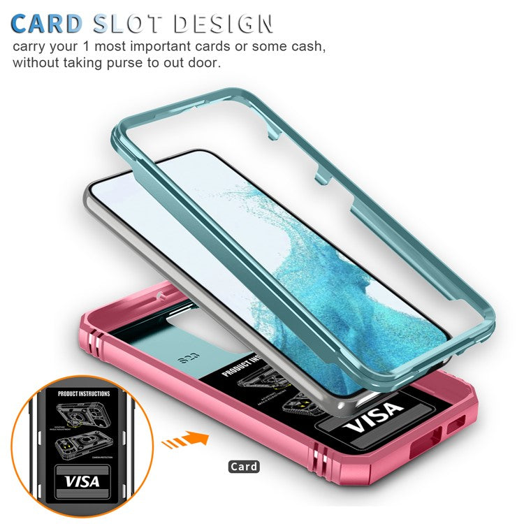 For Samsung Galaxy S23+ Anti-fall Phone Case with Ring Kickstand Card Holder Phone Back Cover with Sliding Camera Lid - Green  /  Pink
