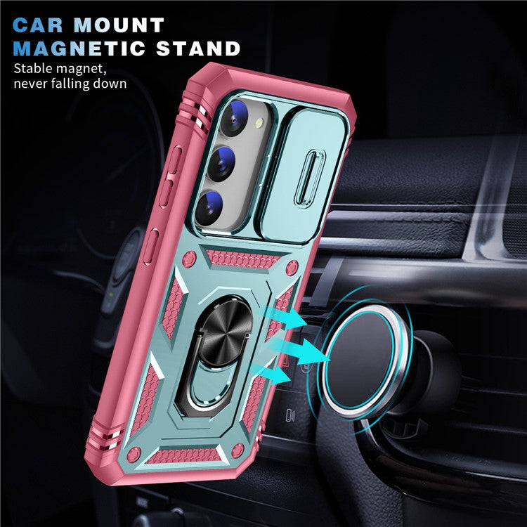 For Samsung Galaxy S23+ Anti-fall Phone Case with Ring Kickstand Card Holder Phone Back Cover with Sliding Camera Lid - Green  /  Pink