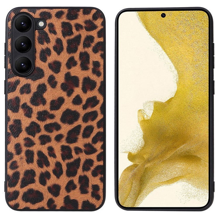 For Samsung Galaxy S23 Textured PU Leather Hybrid Slim Case Soft TPU Hard PC Protective Phone COVER with Ultra Fibrillar Lining - Leopard