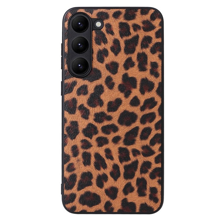 For Samsung Galaxy S23 Textured PU Leather Hybrid Slim Case Soft TPU Hard PC Protective Phone COVER with Ultra Fibrillar Lining - Leopard