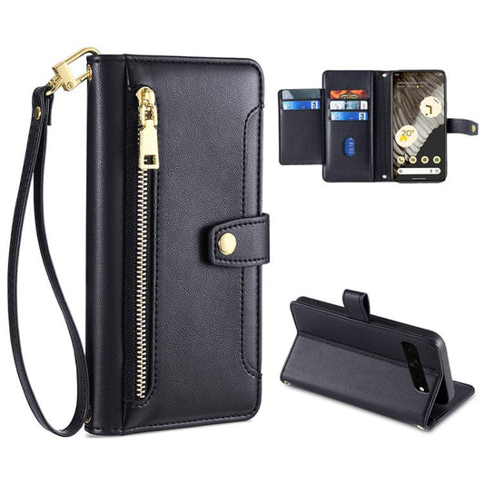For Google Pixel 7 Pro 5G Textured PU Leather Zipper Pocket Flip Folio Case Multiple Card Slots Wallet Stand Wallet Phone Cover with Wrist Strap and Shoulder Strap - Black
