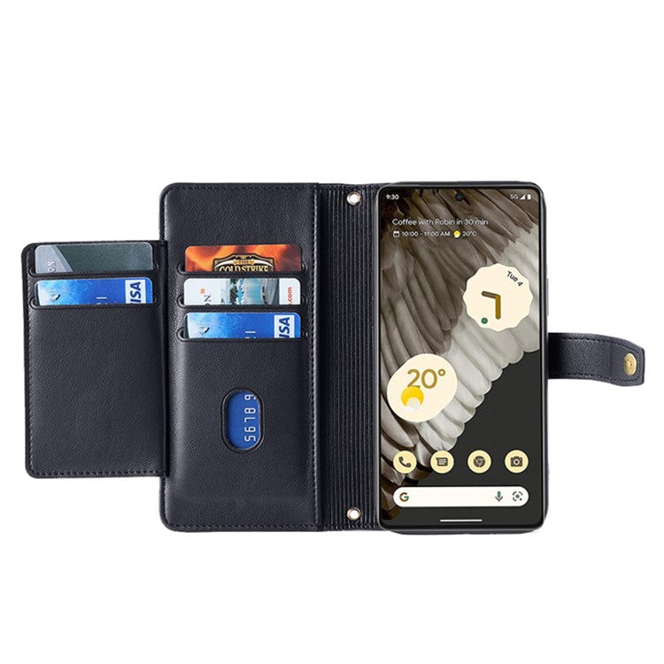 For Google Pixel 7 Pro 5G Textured PU Leather Zipper Pocket Flip Folio Case Multiple Card Slots Wallet Stand Wallet Phone Cover with Wrist Strap and Shoulder Strap - Black