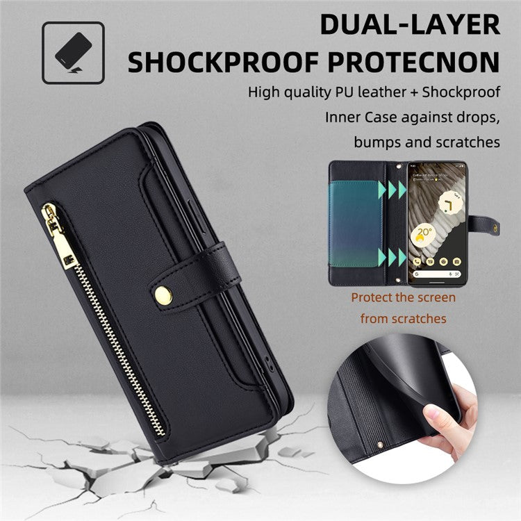 For Google Pixel 7 Pro 5G Textured PU Leather Zipper Pocket Flip Folio Case Multiple Card Slots Wallet Stand Wallet Phone Cover with Wrist Strap and Shoulder Strap - Black