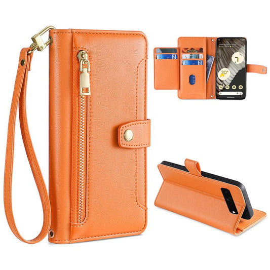 For Google Pixel 7 Pro 5G Textured PU Leather Zipper Pocket Flip Folio Case Multiple Card Slots Wallet Stand Wallet Phone Cover with Wrist Strap and Shoulder Strap - Orange