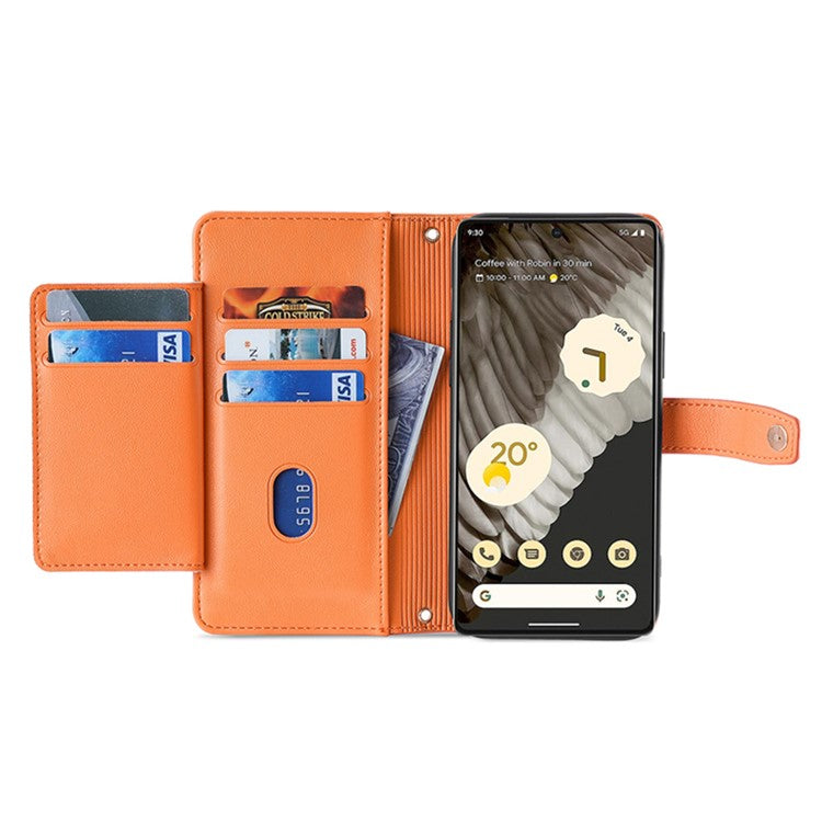 For Google Pixel 7 Pro 5G Textured PU Leather Zipper Pocket Flip Folio Case Multiple Card Slots Wallet Stand Wallet Phone Cover with Wrist Strap and Shoulder Strap - Orange
