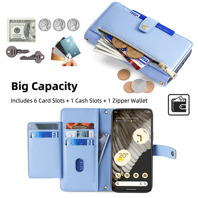 For Google Pixel 7 Pro 5G Textured PU Leather Zipper Pocket Flip Folio Case Multiple Card Slots Wallet Stand Wallet Phone Cover with Wrist Strap and Shoulder Strap - Blue