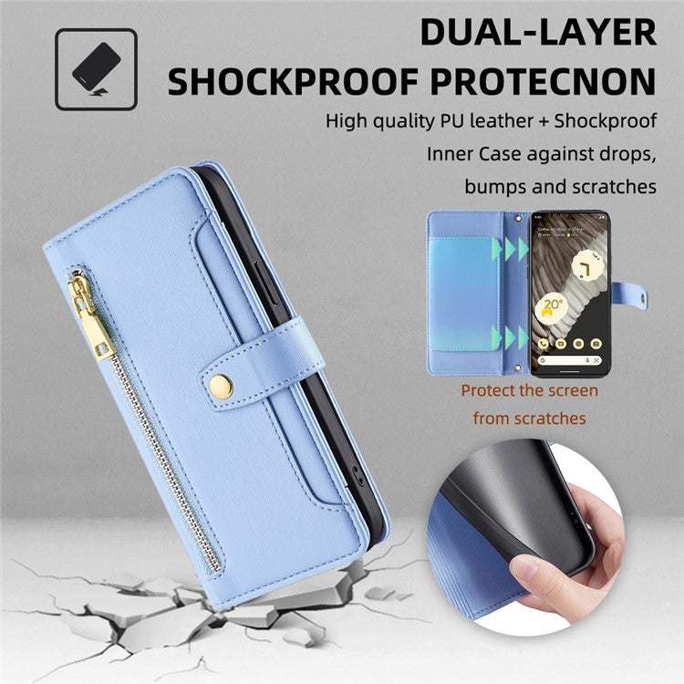 For Google Pixel 7 Pro 5G Textured PU Leather Zipper Pocket Flip Folio Case Multiple Card Slots Wallet Stand Wallet Phone Cover with Wrist Strap and Shoulder Strap - Blue