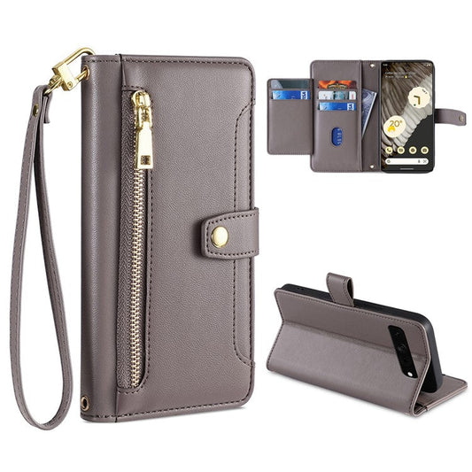 For Google Pixel 7 Pro 5G Textured PU Leather Zipper Pocket Flip Folio Case Multiple Card Slots Wallet Stand Wallet Phone Cover with Wrist Strap and Shoulder Strap - Grey