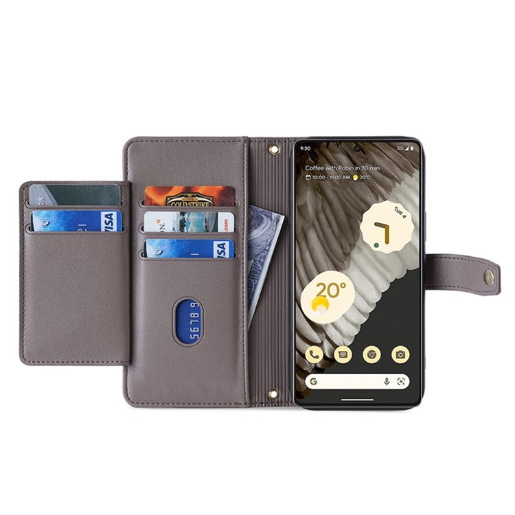 For Google Pixel 7 Pro 5G Textured PU Leather Zipper Pocket Flip Folio Case Multiple Card Slots Wallet Stand Wallet Phone Cover with Wrist Strap and Shoulder Strap - Grey