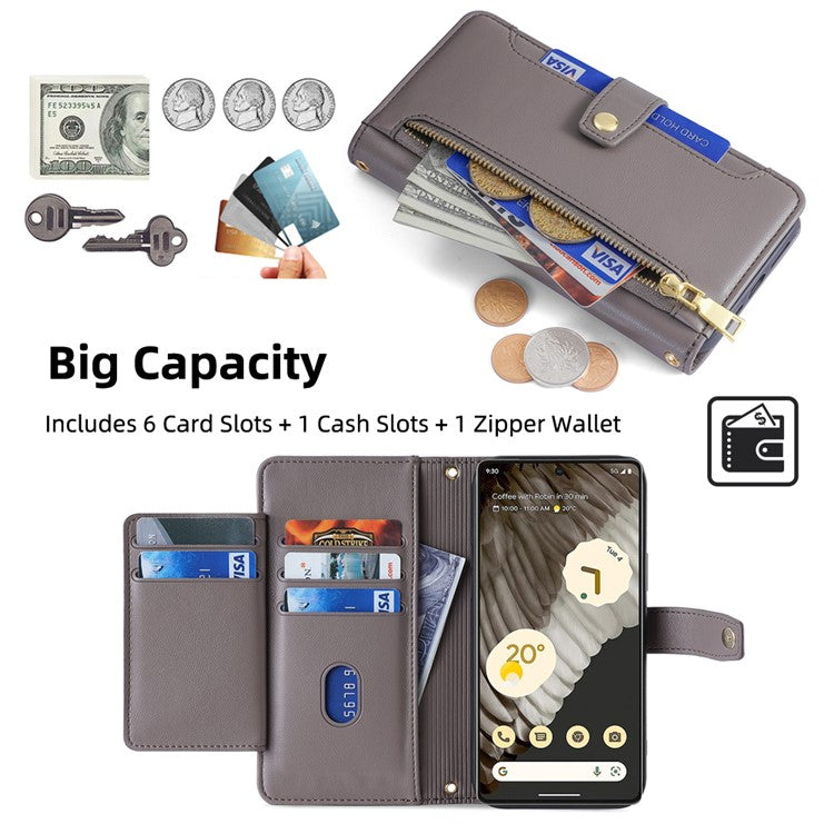For Google Pixel 7 Pro 5G Textured PU Leather Zipper Pocket Flip Folio Case Multiple Card Slots Wallet Stand Wallet Phone Cover with Wrist Strap and Shoulder Strap - Grey