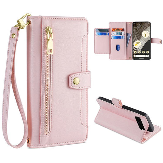 For Google Pixel 7 Pro 5G Textured PU Leather Zipper Pocket Flip Folio Case Multiple Card Slots Wallet Stand Wallet Phone Cover with Wrist Strap and Shoulder Strap - Pink