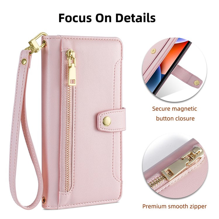 For Google Pixel 7 Pro 5G Textured PU Leather Zipper Pocket Flip Folio Case Multiple Card Slots Wallet Stand Wallet Phone Cover with Wrist Strap and Shoulder Strap - Pink