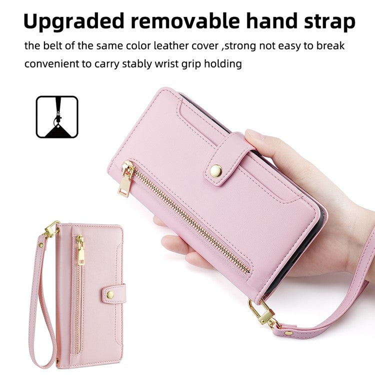 For Google Pixel 7 Pro 5G Textured PU Leather Zipper Pocket Flip Folio Case Multiple Card Slots Wallet Stand Wallet Phone Cover with Wrist Strap and Shoulder Strap - Pink