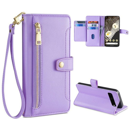 For Google Pixel 7 Pro 5G Textured PU Leather Zipper Pocket Flip Folio Case Multiple Card Slots Wallet Stand Wallet Phone Cover with Wrist Strap and Shoulder Strap - Purple
