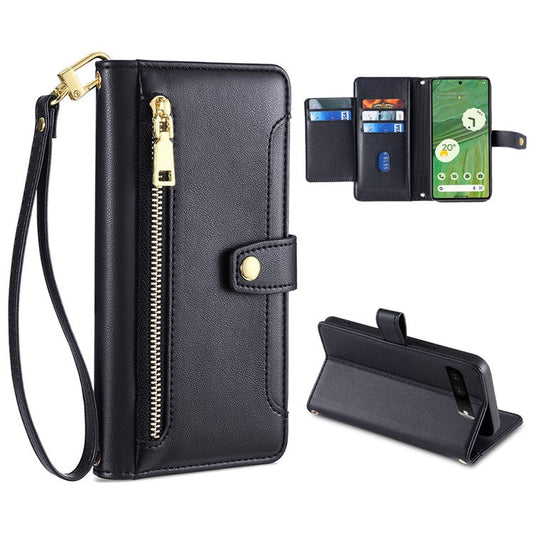 For Google Pixel 7 5G Textured PU Leather Zipper Pocket Wallet Phone Case Stand Multiple Card Slots Magnetic Closure Cover with Wrist Strap and Shoulder Strap - Black