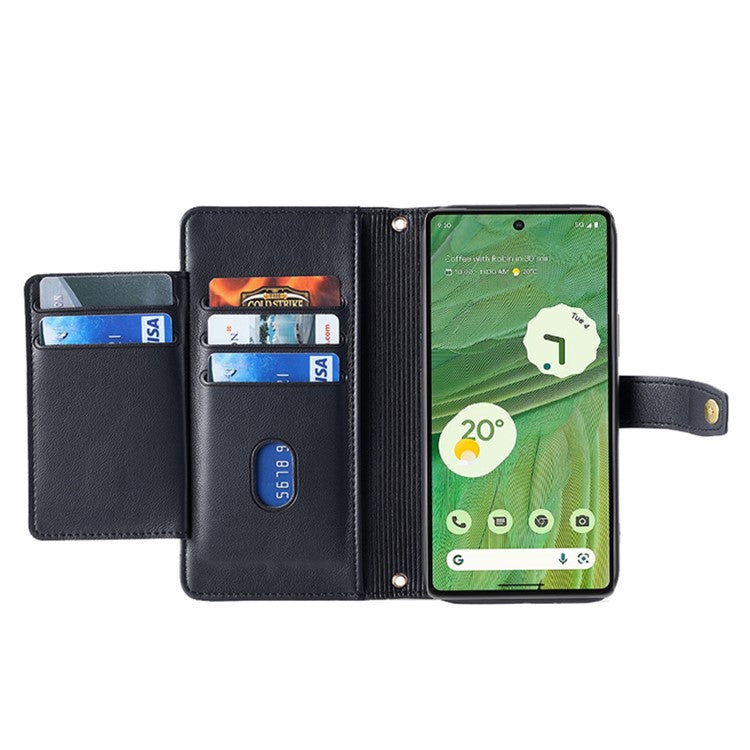 For Google Pixel 7 5G Textured PU Leather Zipper Pocket Wallet Phone Case Stand Multiple Card Slots Magnetic Closure Cover with Wrist Strap and Shoulder Strap - Black